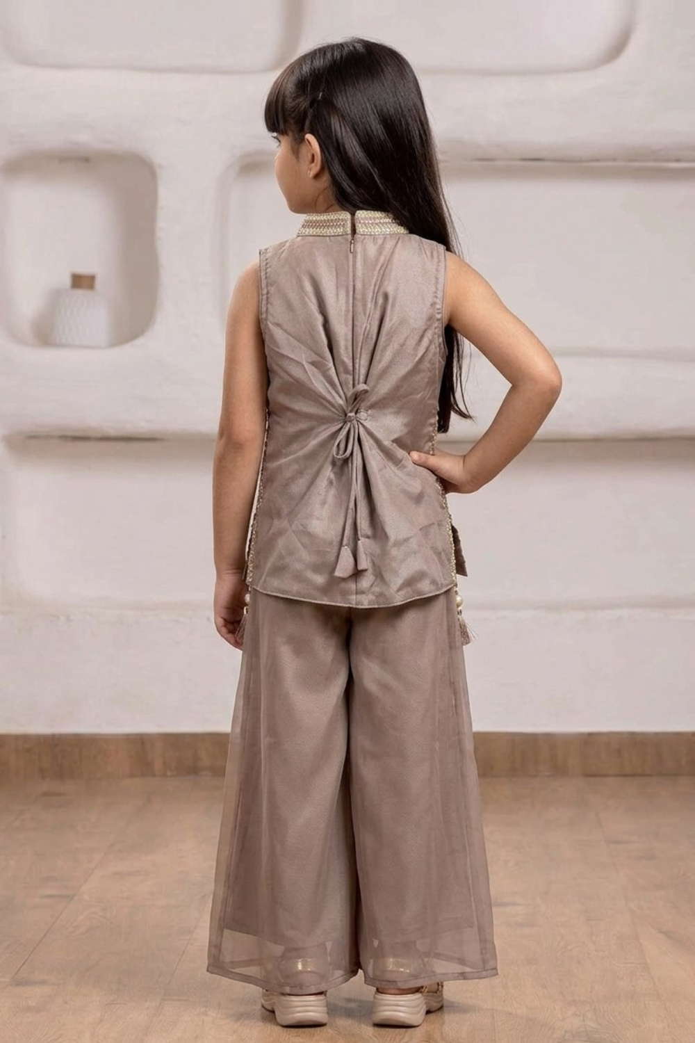Mushroom Brown Embroidered Silk Top & Palazzo Set with Dupatta for Girls