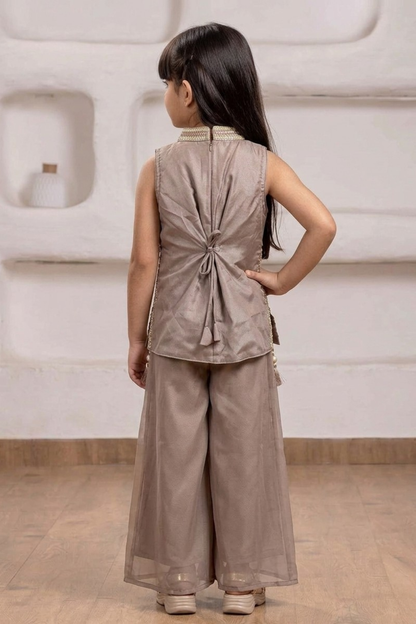 Mushroom Brown Embroidered Silk Top & Palazzo Set with Dupatta for Girls