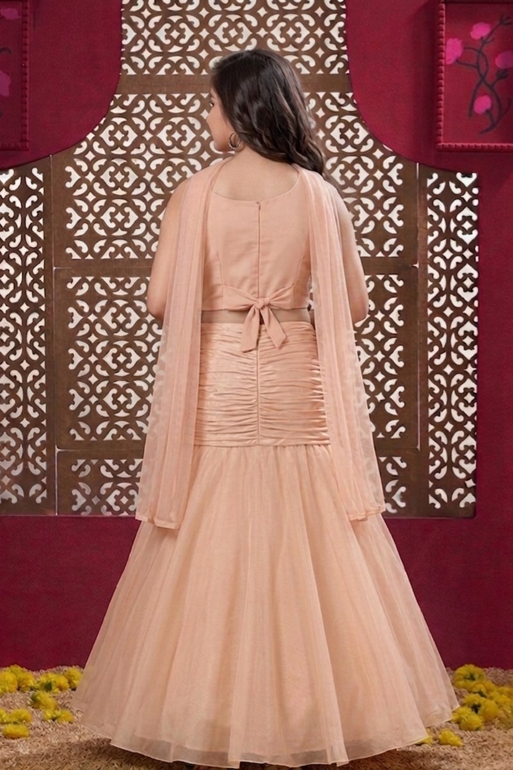 Peach Embellished Mermaid-Style Fish Cut Lehenga Choli For Girls