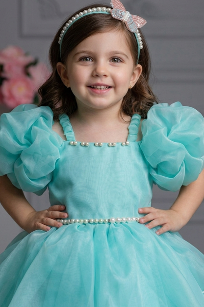 Girls Aqua Blue Puff Sleeve Party Frock with Pearl Detailing