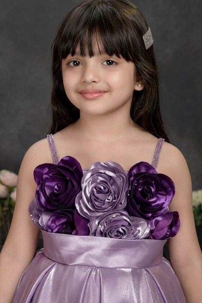 Girls Lavender Satin 3D Floral Party Frock