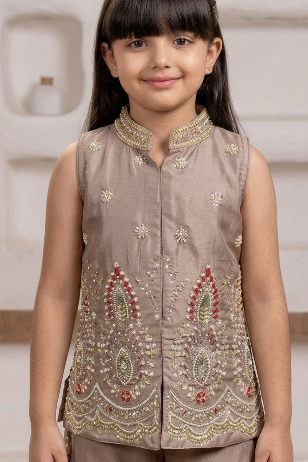 Mushroom Brown Embroidered Silk Top & Palazzo Set with Dupatta for Girls
