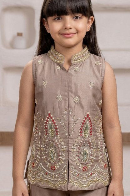 Mushroom Brown Embroidered Silk Top & Palazzo Set with Dupatta for Girls