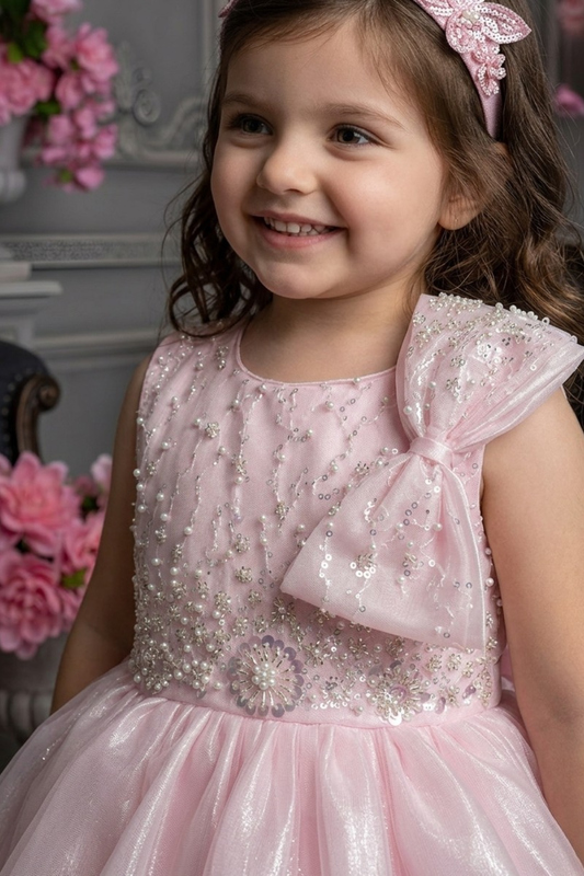 Blush Pink Sequin Embellished Party Frock with Bow Detail