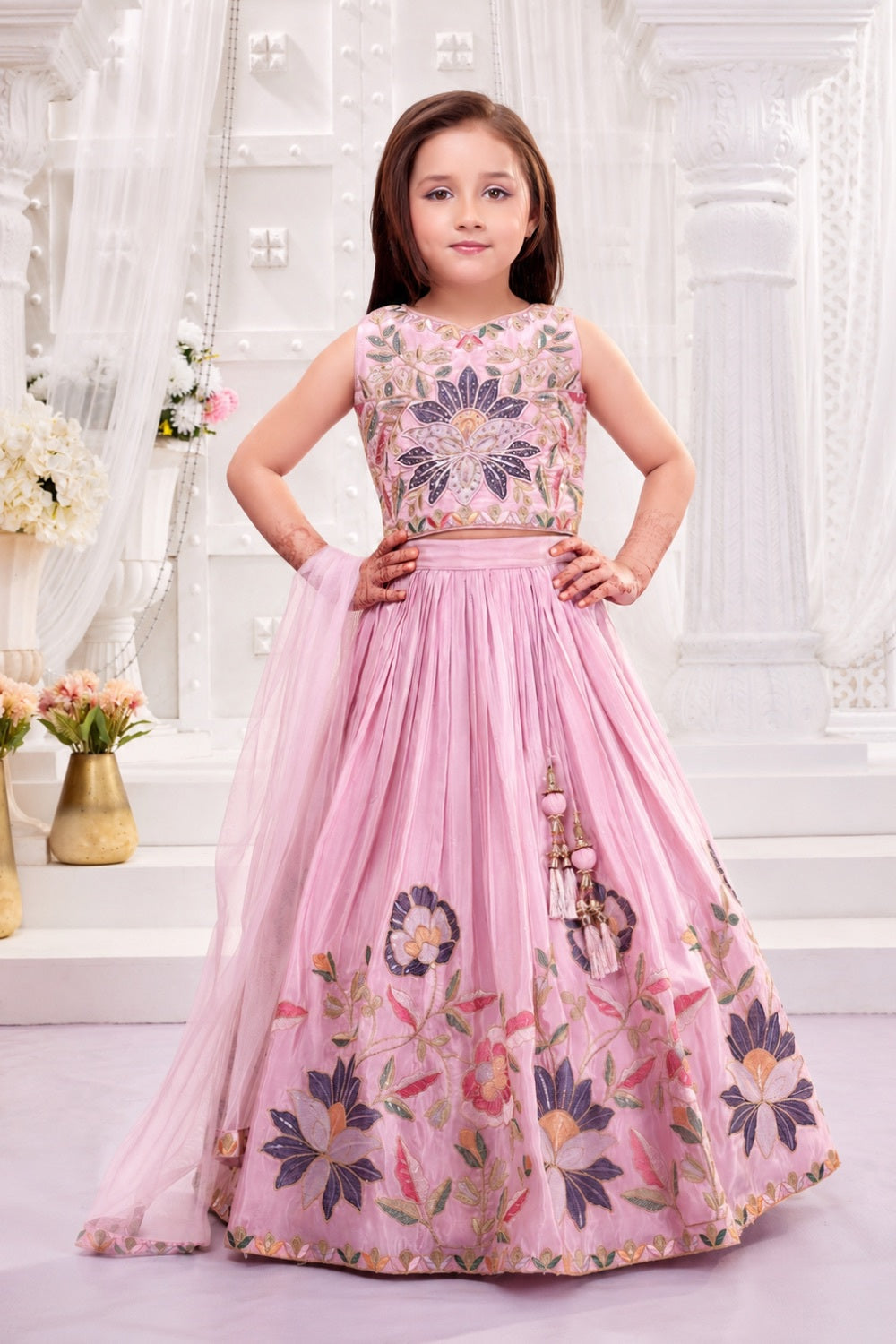 Girls Pink Embroidered Lehenga Choli Set