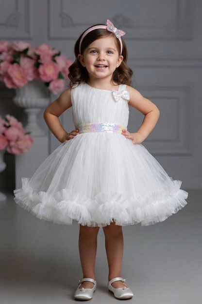 Girls White Sequin Belt Party Frock with Detachable Trail