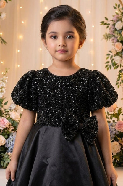 Girls Black Sequin Party Frock with Puff Sleeves & Velvet Bow