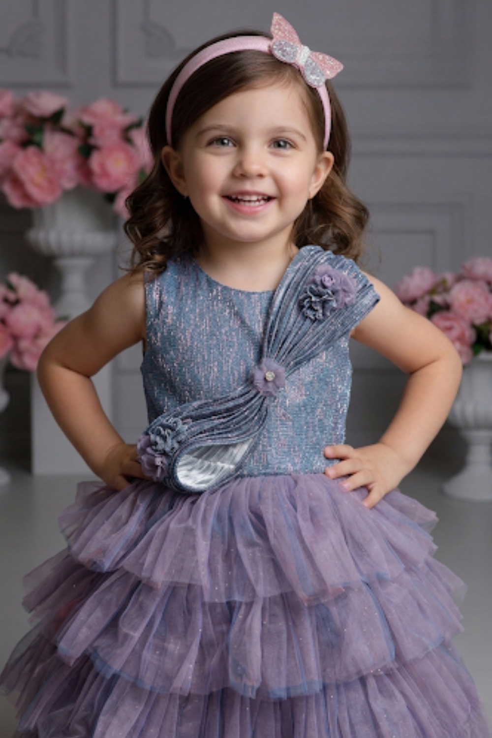 Girls Lavender Layered Net Party Frock with Designer Floral Drape
