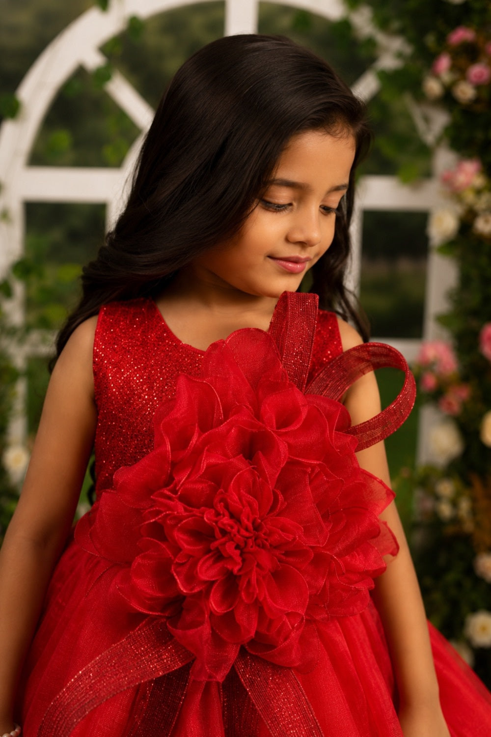 Girls Red Floral Appliqué Party Gown with Layered Tulle Flare