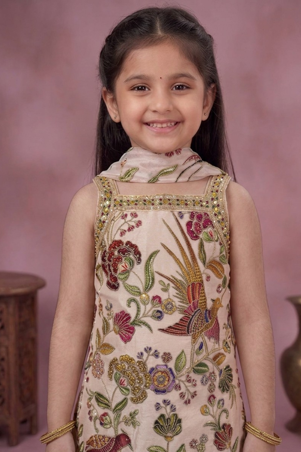 Ivory Embroidered Top & Palazzo Set with Dupatta for Girls