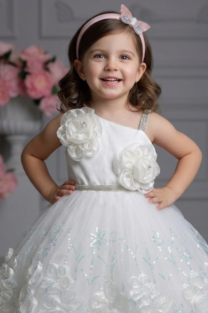Girls White Floral Embellished Party Frock