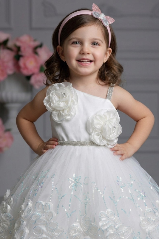 Girls White Floral Embellished Party Frock