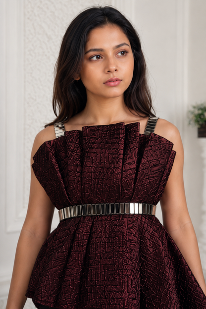 Girls Wine Textured Peplum Co-Ord Set