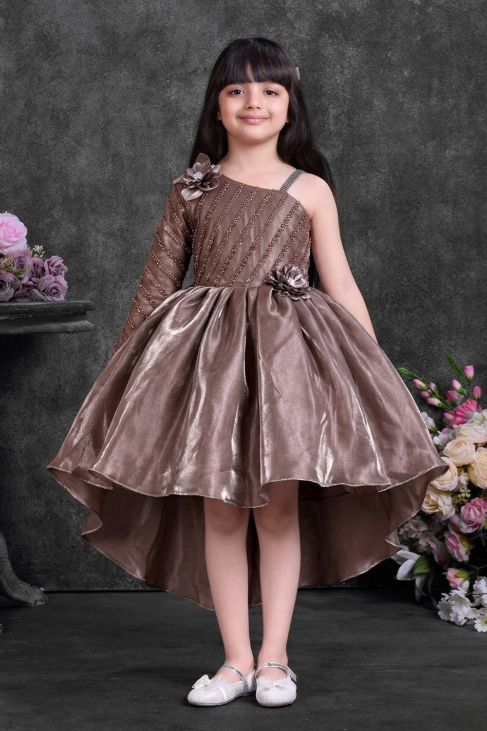Metallic Brown One Shoulder Party Frock with High-Low Hem