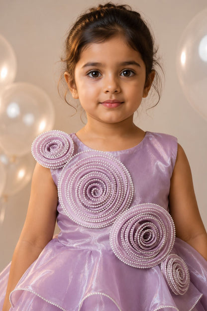 Girls Lilac Organza Floral Party Dress with Layered Ruffle Skirt