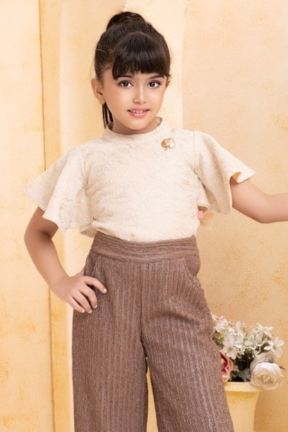 Beige Embroidered Top with Brown Palazzo Set for Girls