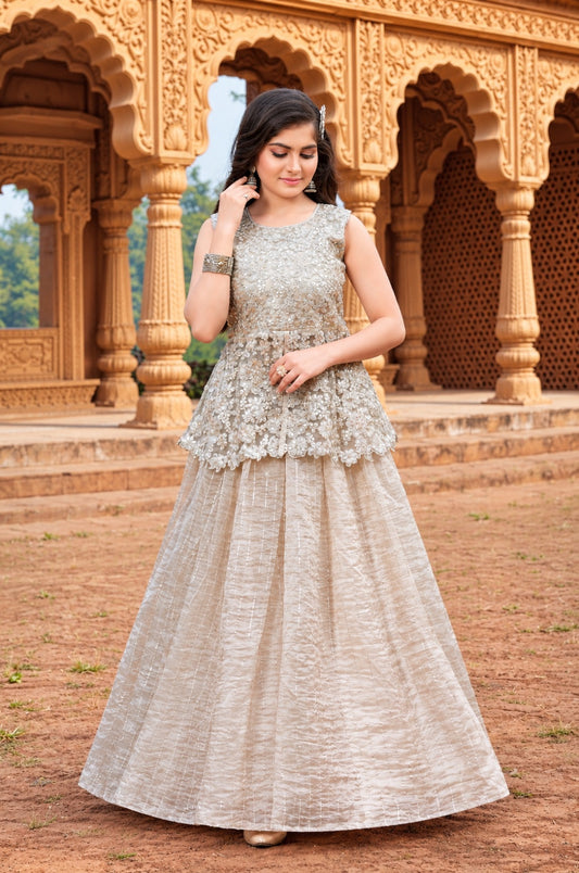 Girls Ivory Embroidered Designer Lehenga Set with Peplum Top