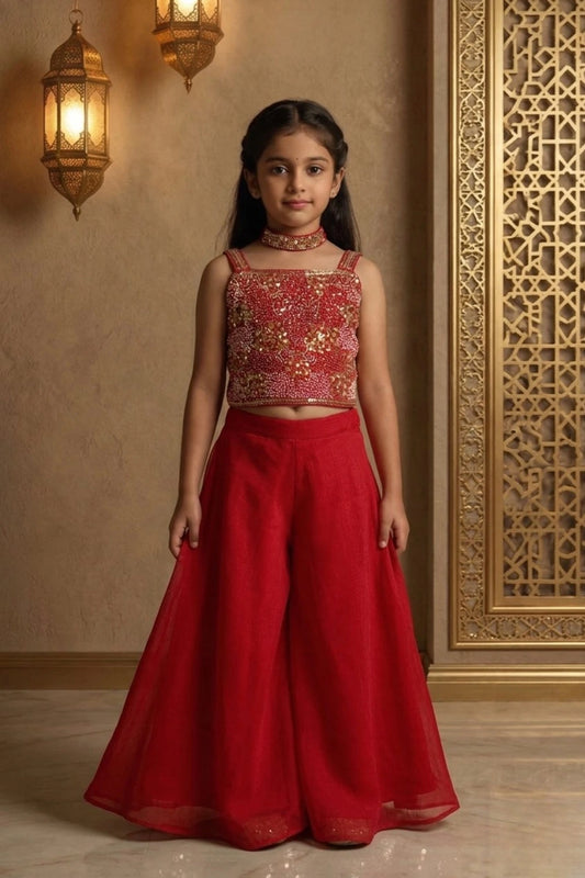 Red Embroidered Crop Top & Palazzo Set for Girls