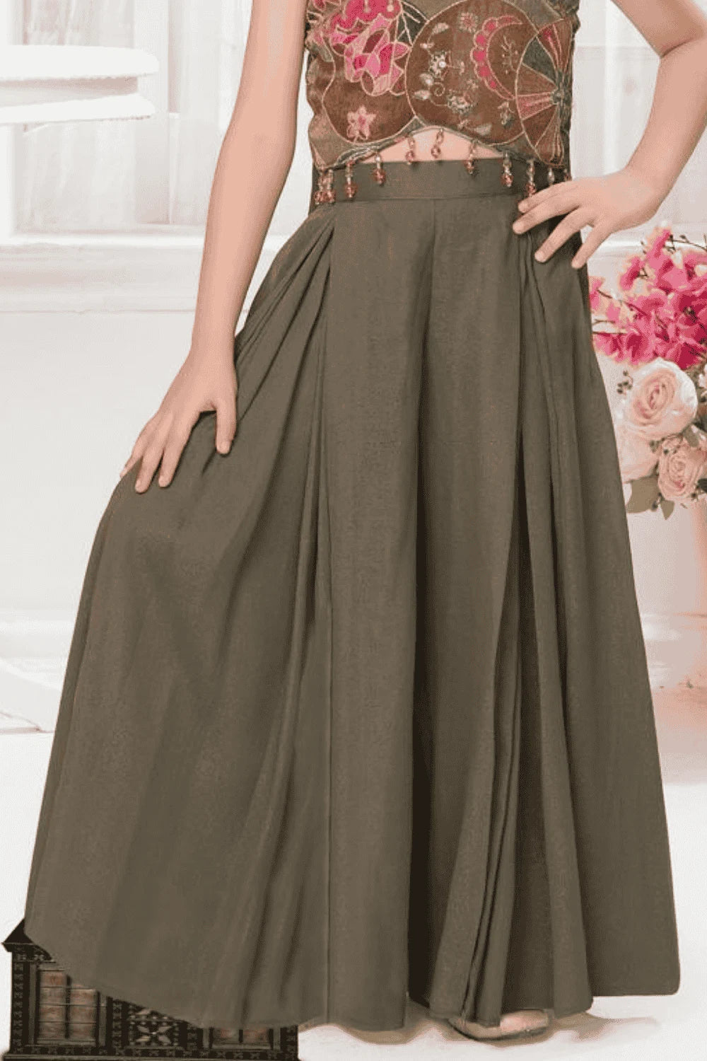 Green Embroidered Sleeveless Crop Top with Palazzo & Dupatta Set for Girls