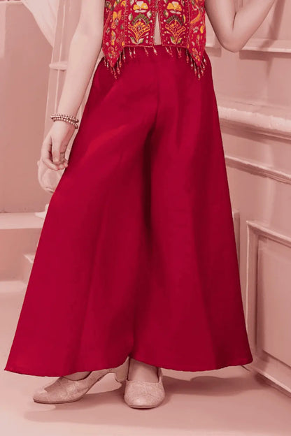 Red Embroidered Crop Top with Palazzo Set for Girls