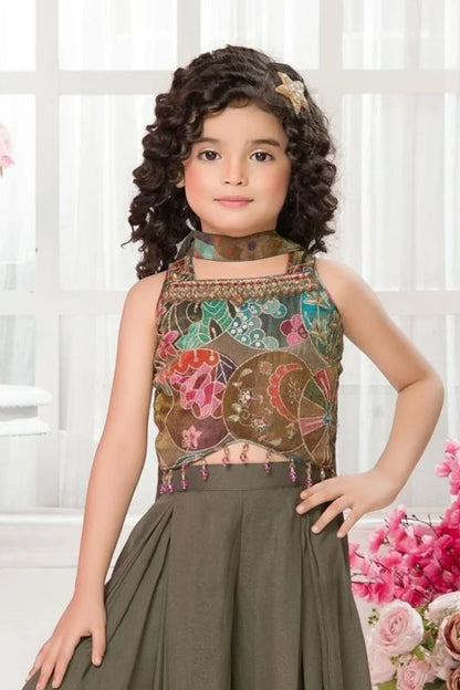 Green Embroidered Sleeveless Crop Top with Palazzo & Dupatta Set for Girls