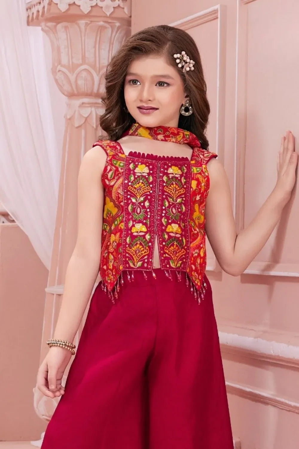 Red Embroidered Crop Top with Palazzo Set for Girls