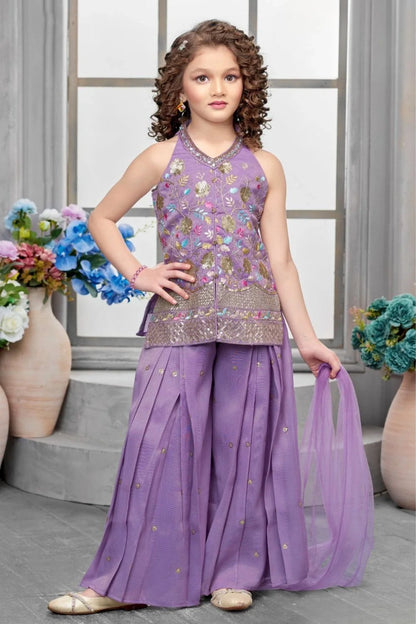 Lavender Embroidered Halter Top with Sharara & Dupatta