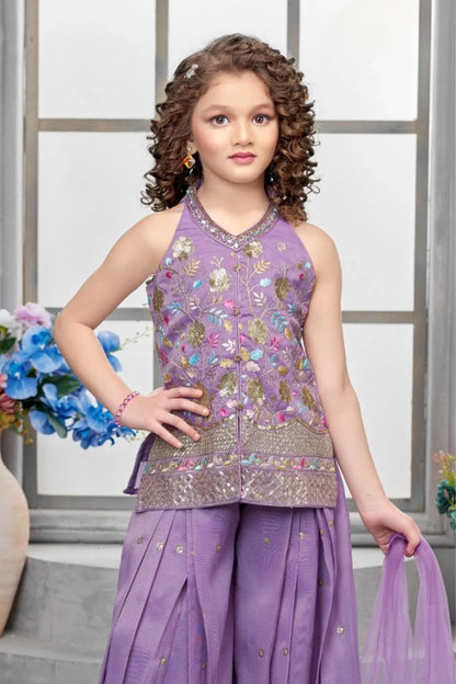 Lavender Embroidered Halter Top with Sharara & Dupatta