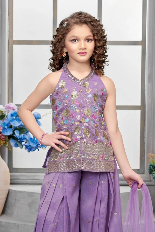 Lavender Embroidered Halter Top with Sharara & Dupatta