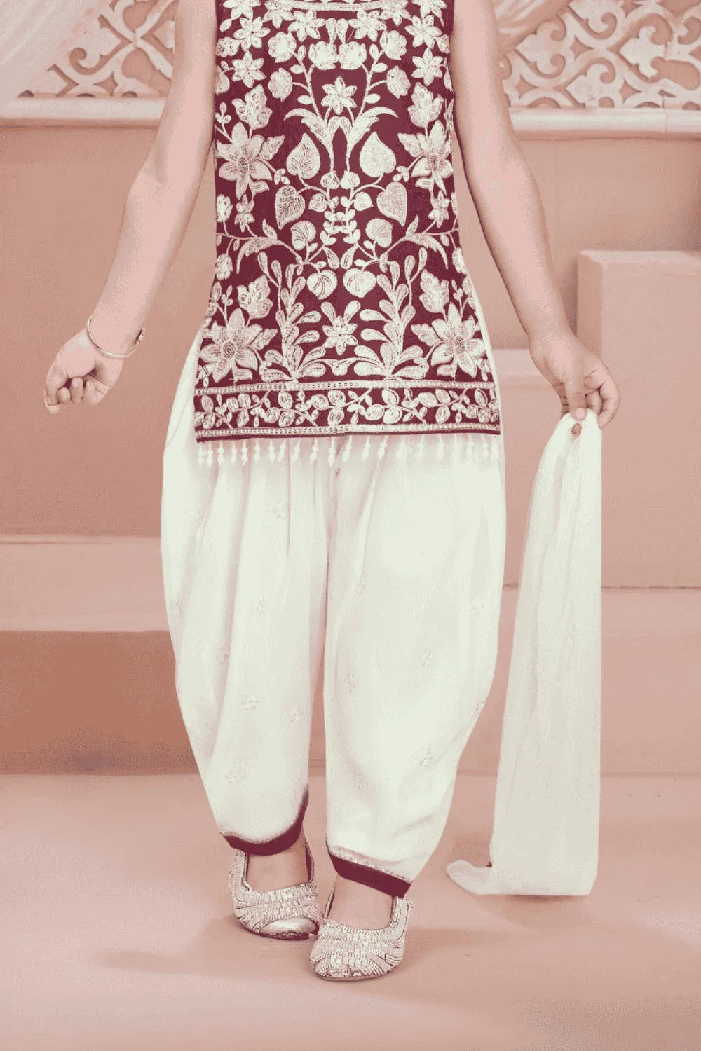 Maroon Floral Embroidered Kurti with Patiala Set For Girls