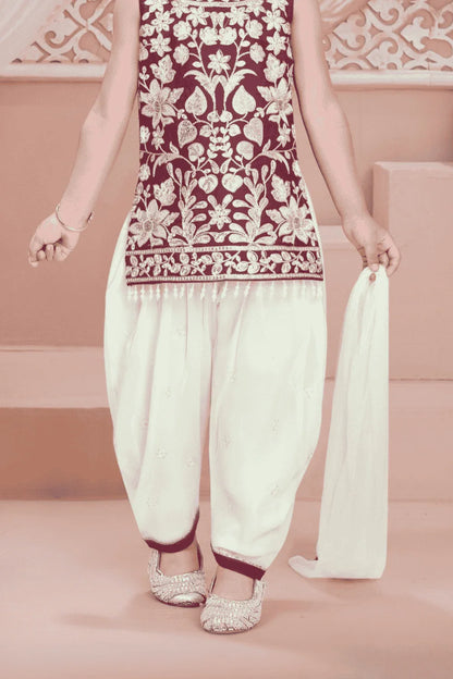 Maroon Floral Embroidered Kurti with Patiala Set For Girls