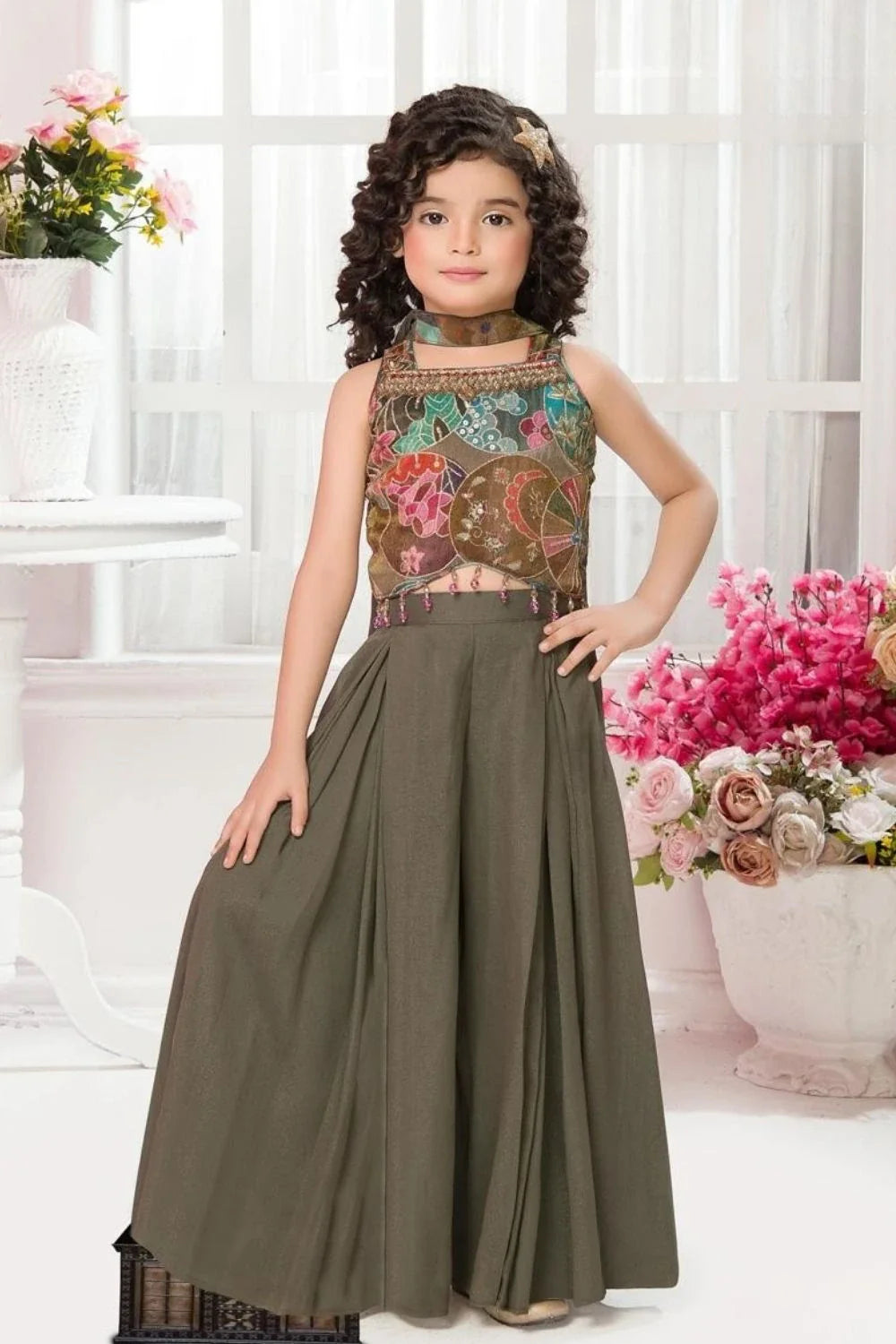 Green Embroidered Sleeveless Crop Top with Palazzo & Dupatta Set for Girls