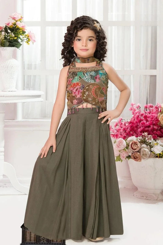 Green Embroidered Sleeveless Crop Top with Palazzo & Dupatta Set for Girls
