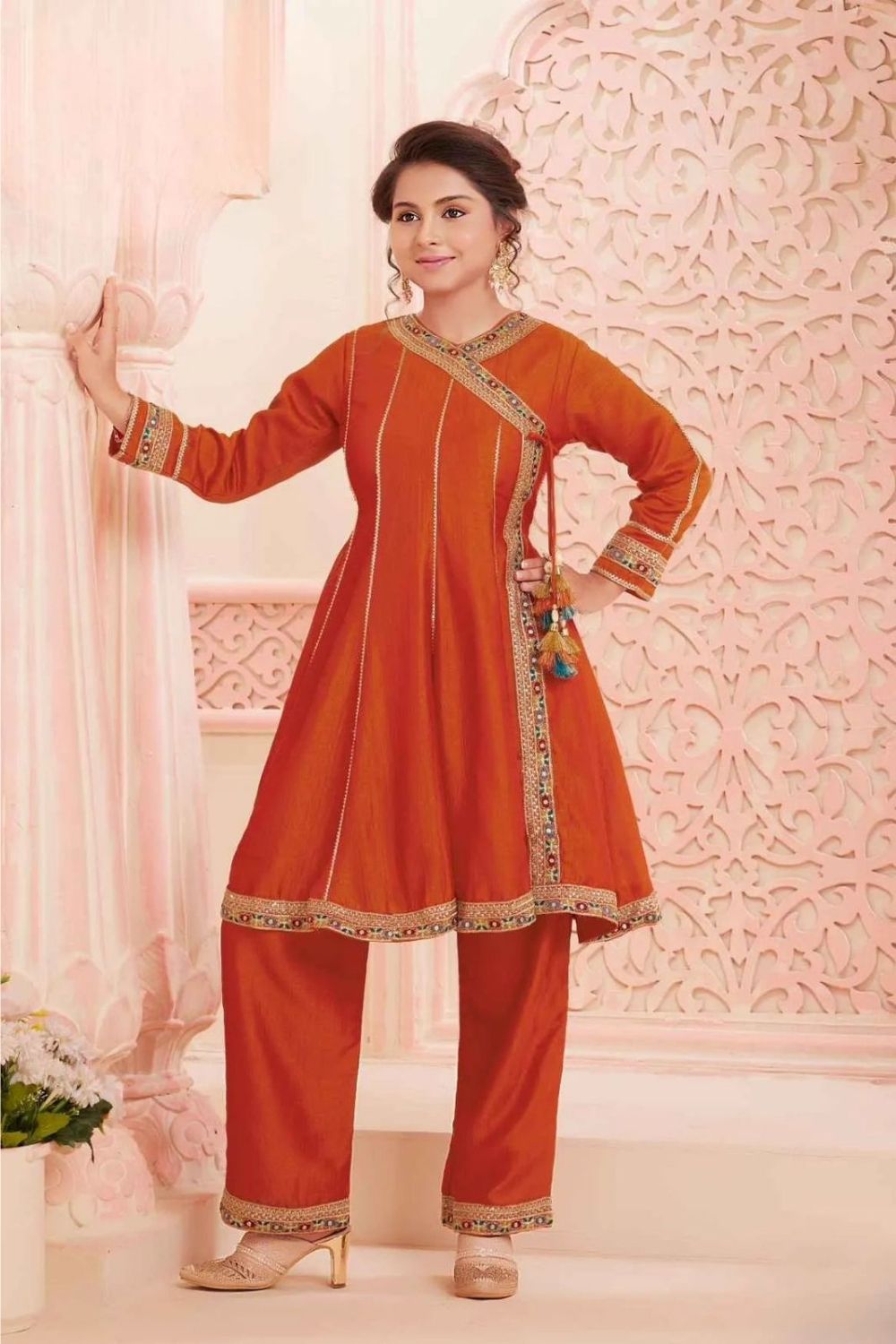 Orange kedia style kurta set for girls