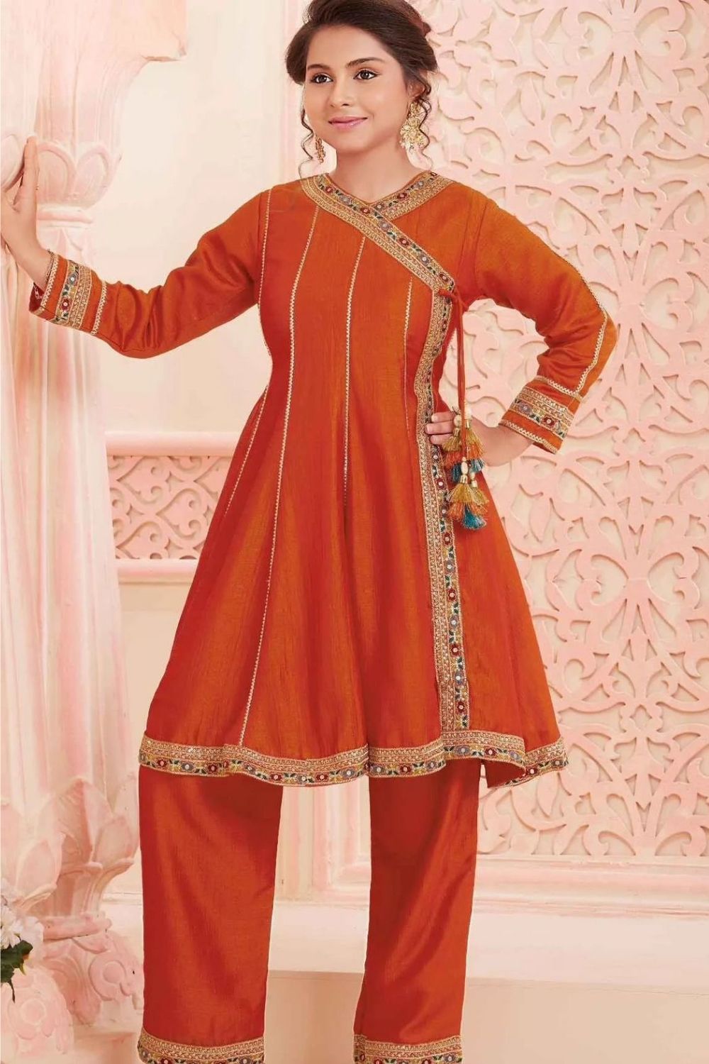 Orange kedia style kurta set for girls