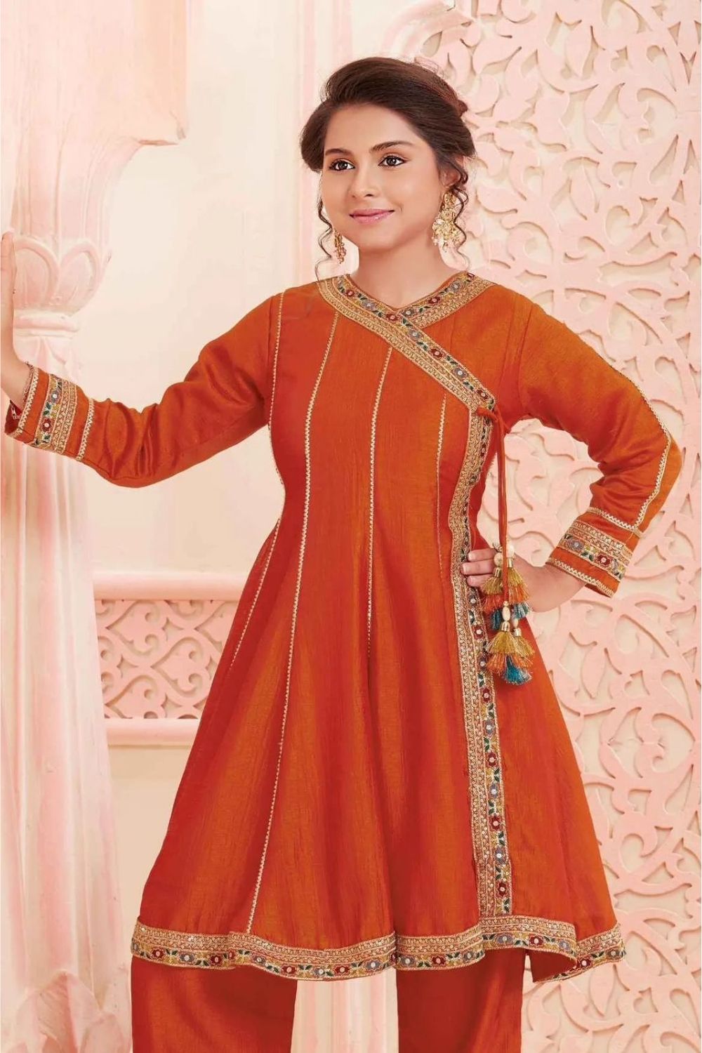 Orange kedia style kurta set for girls