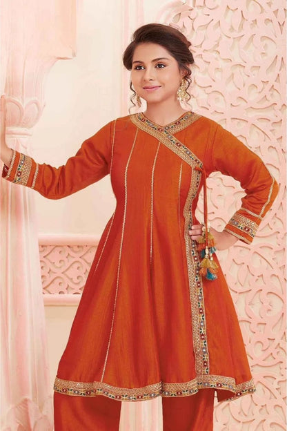 Orange kedia style kurta set for girls