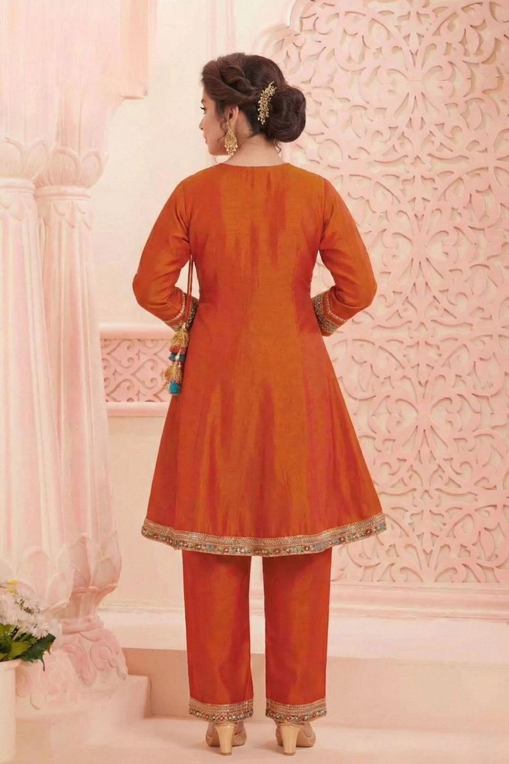 Orange kedia style kurta set for girls