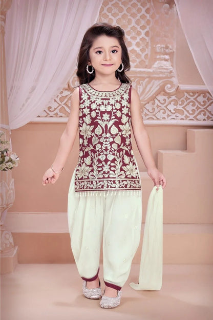 Maroon Floral Embroidered Kurti with Patiala Set For Girls
