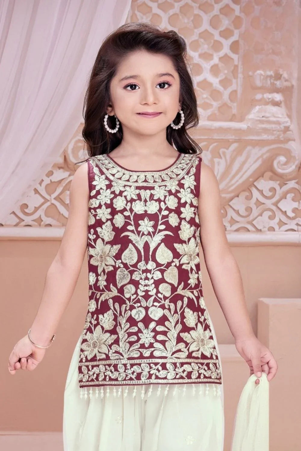 Maroon Floral Embroidered Kurti with Patiala Set For Girls