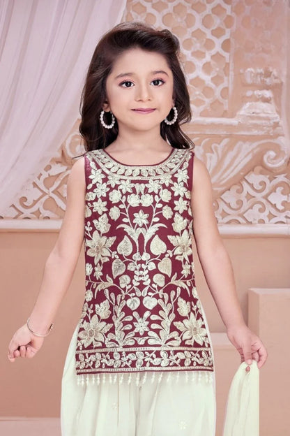 Maroon Floral Embroidered Kurti with Patiala Set For Girls