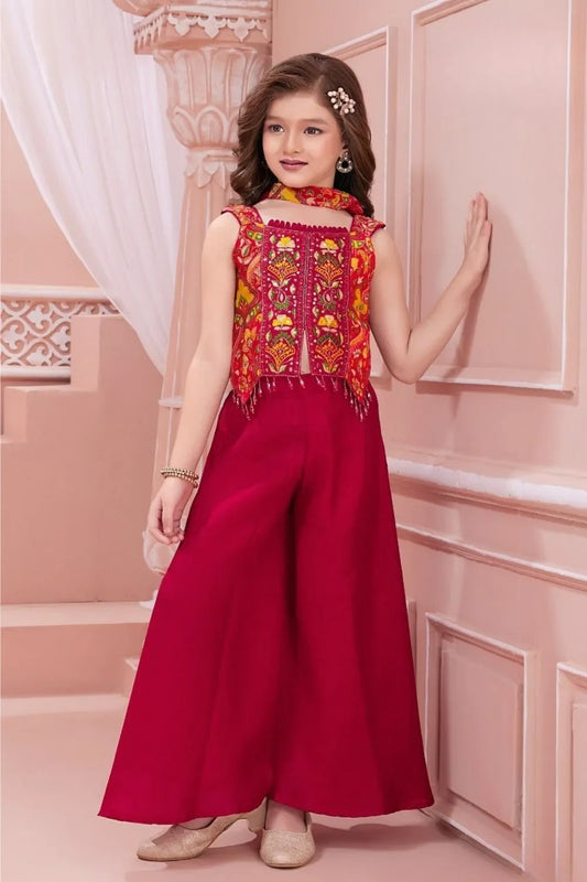 Red Embroidered Crop Top with Palazzo Set for Girls