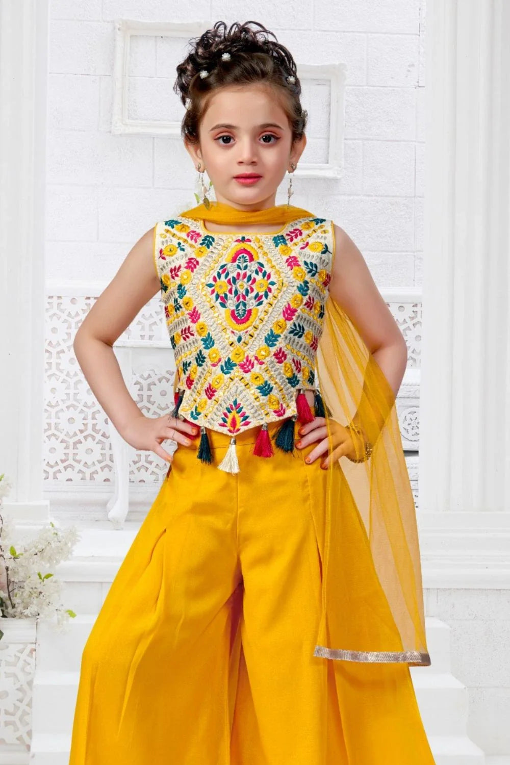 Mustard Embroidered Top with Palazzo & Dupatta for girls