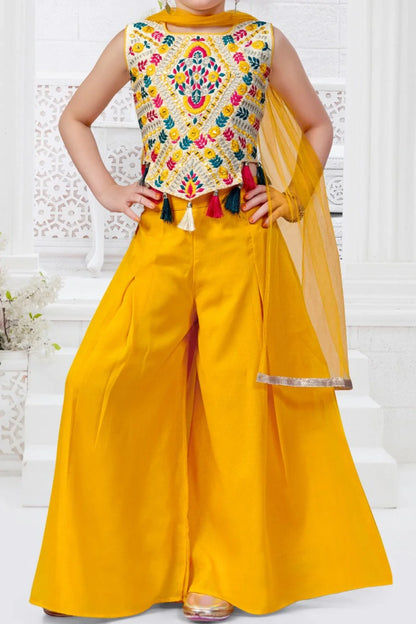 Mustard Embroidered Top with Palazzo & Dupatta for girls