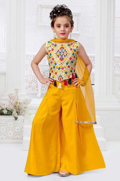 Mustard Embroidered Top with Palazzo & Dupatta for girls